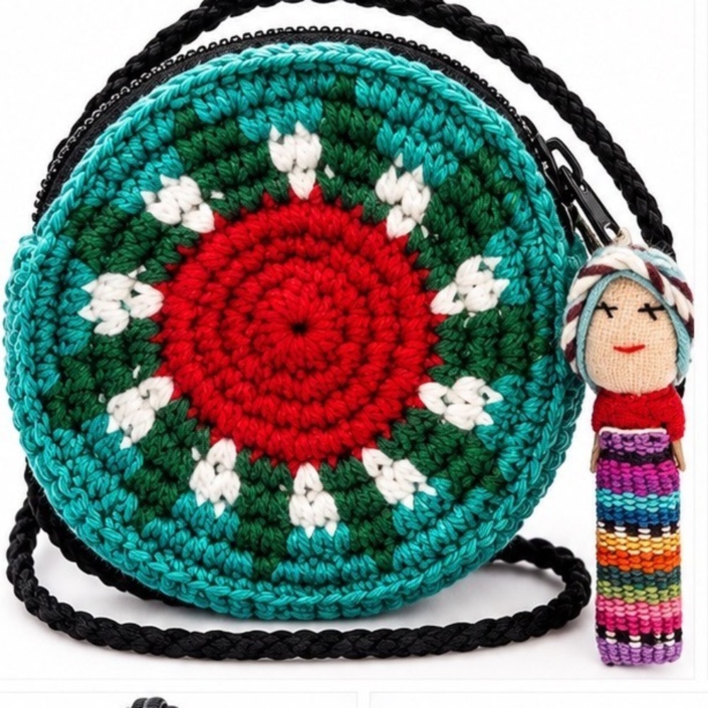 Handmade Crochet Round Coin Purse Worry Doll Keychain Boho Wristlet Pouch